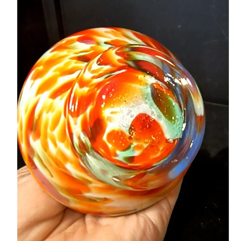 1843.  Art Glass Vase Bright End of Day Swirl Pattern Orange White and Green